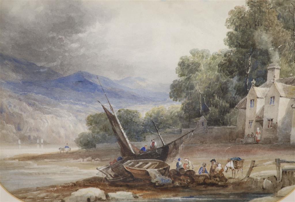 19th century English School, watercolour, Figures on an estuary at low tide, 23 x 32cm and a small watercolour, Market scene, 10 x 15cm